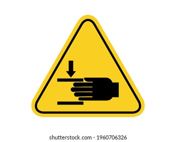 isolated watch out crushing hand, common hazards symbols on yellow round triangle board warning sign for icon, label, logo or package industry etc. flat style vector design. 