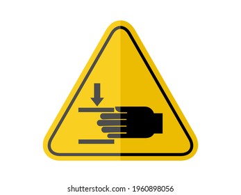 isolated watch out crushing hand, common hazards symbols on yellow round triangle board warning sign for icon, label, logo or package industry etc. flat paperwork style vector design. 