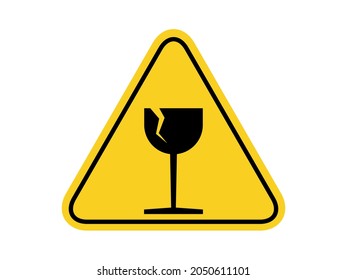 isolated watch out fragile glass, common hazards symbols on yellow round triangle board warning sign for icon, label, logo or package industry etc. flat style vector design. 