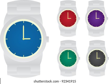 Isolated watches.  5 different colored faces.