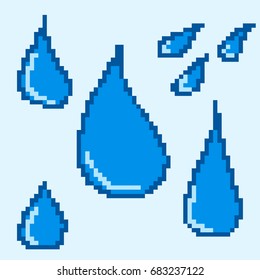 Isolated water drops of blue color for the design of computer and mobile games. Set of pixel icons