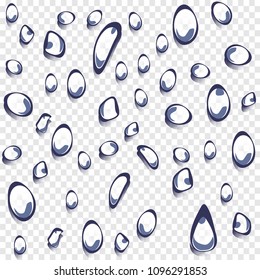 Isolated water drops with transparency gray and white square grid. Raindrop vector illustration collection. Macro rain drops on window glass-Vector Illustration.