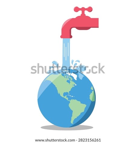 Isolated water tap with flowing water and blue Earth illustration promoting water conservation and environmental sustainability worldwide daily