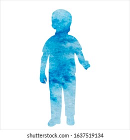  isolated, watercolor blue silhouette boy, child