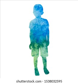  isolated, watercolor blue silhouette of child, boy