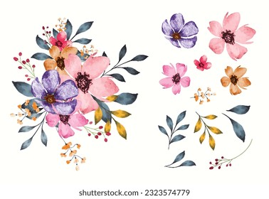 Isolated watercolor flowers and leaves with bouquet