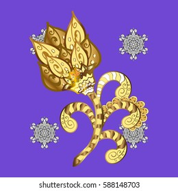 Isolated watercolor golden elements on white background. Symbol of winter. Beautiful decoration. Vector illustration with violet isolated snowflakes.