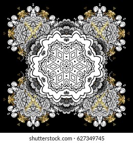 Isolated watercolor golden elements on black background. Beautiful decoration. Vector illustration with black isolated snowflakes. Symbol of winter.