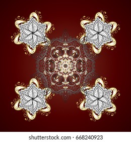 Isolated watercolor golden snowflakes on brown background. Hand-drawn vector illustration of isolated stylized snowflakes. Beautiful decoration. Symbol of winter.