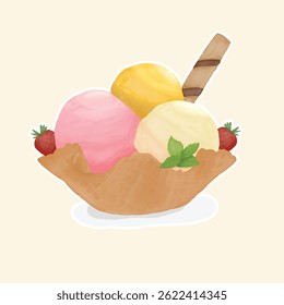 isolated watercolor illustration three flavor ice cream on wafer bowl with strawberry and mint