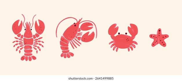 Isolated watercolor illustrations of lobster crab starfish on light background. Red marine animals in flat hand drawn doodle cartoon style. Vector illustration for summer cards or print.