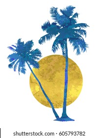 Isolated watercolor palms and sun on a white background. A tropical sunset or sunrise. Vector illustration.