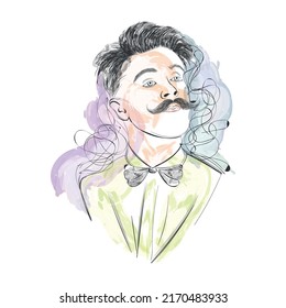 Isolated Watercolor Sketch Of A Hipster With Bowtie And Mustache Vector
