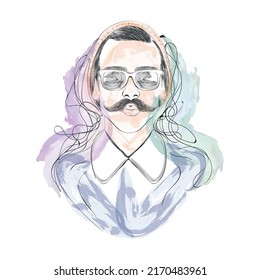 Isolated Watercolor Sketch Of A Hipster With Bowtie And Glasses Vector