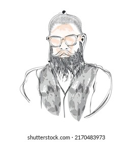 Isolated watercolor sketch of hipster with glasses and beard Vector