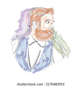 Isolated watercolor sketch of a hipster with mustache and a beard Vector
