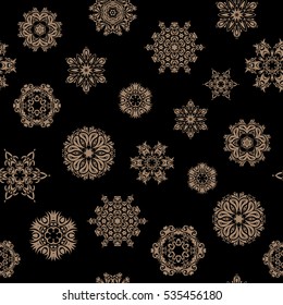 Isolated watercolor snowflakes on black background. Vector illustration with beige isolated snowflakes. Symbol of winter. Beautiful decoration.