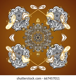 Isolated watercolor snowflakes on brown background. Beautiful decoration. Hand-drawn vector illustration of isolated stylized snowflakes. Symbol of winter.