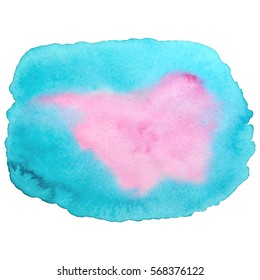 Isolated watercolor stain on a white background. Colorful texture. Pink, blue and turquoise colors. Background for your design. Vector illustration.
