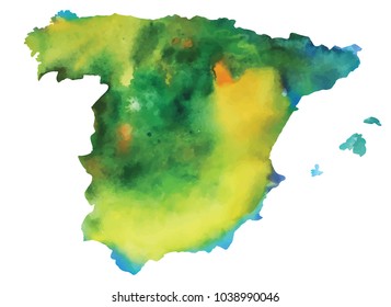 Isolated watercolor vector map of Spain on white background.