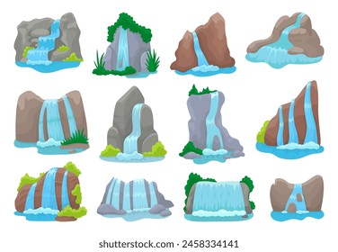 Cascada aislada. Cascadas de dibujos animados, Elementos de naturaleza. Río y lagos, montañas, rocas y árboles. Arroyos de agua, conjunto de Vector neoteric turístico