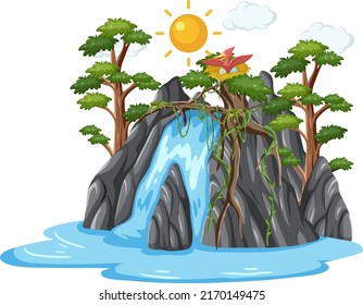 Isolated waterfall forest in cartoon style illustration