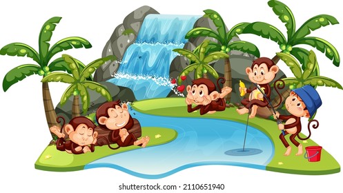 Isolated waterfall with little monkeys illustration