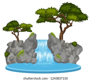 Cascada de agua aislada en ilustración de fondo blanco