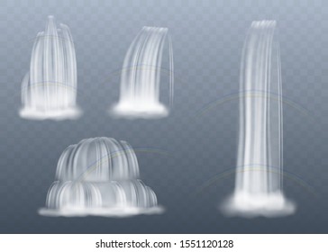 Isolated waterfall streams on transparent background, white realistic water splash set with different shapes, beautiful clear liquid in fountain like motion - vector illustration