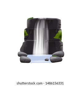 Isolated waterfall vector illustration - semi realistic nature drawing with white water stream from dark nature stone wall into clear lake, natural scenery in cartoon style