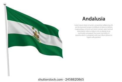 Aislada bandera ondeando de Andalucía es una comunidad de España sobre fondo blanco. 