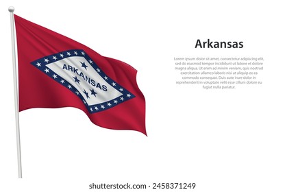 Isolated waving flag of Arkansas is a state United States on white background. 