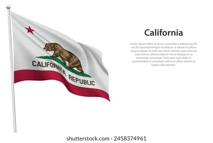 Isolated waving flag of California is a state United States on white background. 