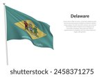 Isolated waving flag of Delaware is a state United States on white background. 