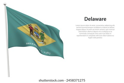 Isolated waving flag of Delaware is a state United States on white background. 