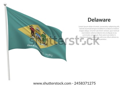 Isolated waving flag of Delaware is a state United States on white background. 