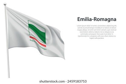Isolated waving flag of Emilia-Romagna is a region Italy on white background. 
