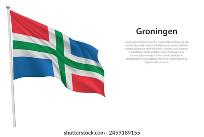 Isolated waving flag of Groningen is a province Netherlands on white background. 