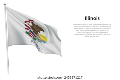 Isolated waving flag of Illinois is a state United States on white background. 