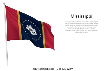 Aislado ondeando la bandera de Mississippi es un estado de Estados Unidos sobre fondo blanco. 