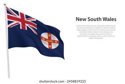Isolated waving flag of New South Wales is a state Australia on white background. 