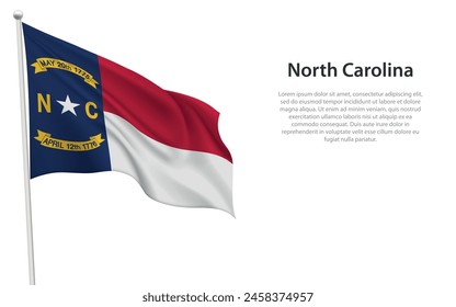 Isolated waving flag of North Carolina is a state United States on white background. 