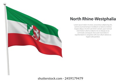 Isolated waving flag of North Rhine-Westphalia is a state Germany on white background. 