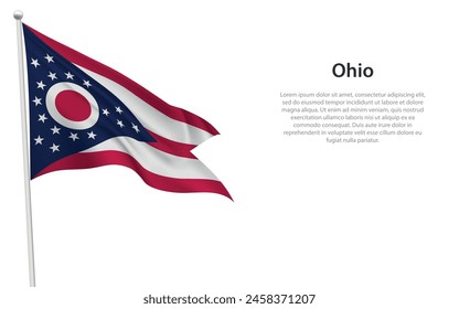 Isolated waving flag of Ohio is a state United States on white background. 