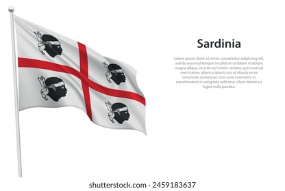 Isolated waving flag of Sardinia is a region Italy on white background. 