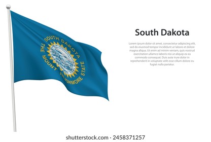 Isolated waving flag of South Dakota is a state United States on white background. 