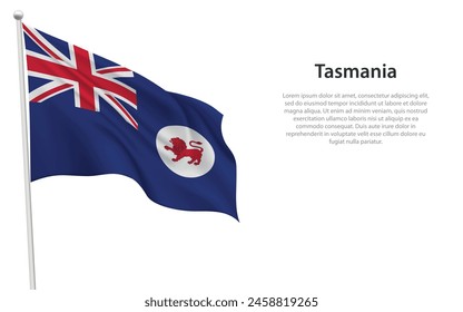 Isolated waving flag of Tasmania is a state Australia on white background. 