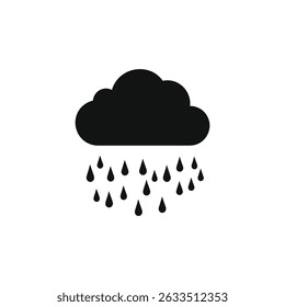 Ícone de tempo isolado apresenta uma nuvem escura plana e estilizada com gotículas de chuva abaixo dela. Seu pano de fundo transparente, projetado em um estilo simples.