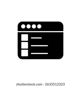 A interface de página da Web isolada mostra elementos de navegação, itens de lista de menus e ícones de indicador redondo. Design monocromático com fundo transparente.