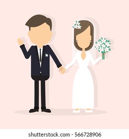 Isolated wedding couple. Bride with bouquet. Decoration for cake.